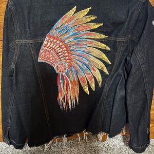 Black Denim Jacket with Colorful Feather Embroidery/sequins by Rockin C